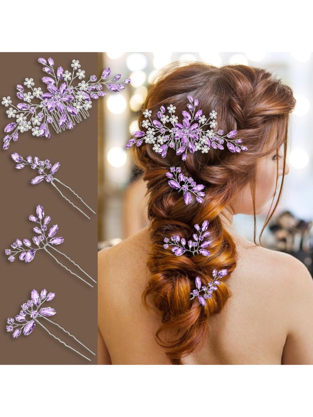 Women's Purple Rhinestone Copper Bridal Headpiece Floral SOLID Hair Clips